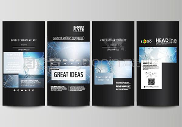 黑色彩色极简图为可编辑版面的四个垂直横幅,传单设计商业模板。科学的医学dna研究或医学概念。黑色极简图为可编辑版面的四个垂直横幅,传单设计商业模板。科学的医学dna研究或医学概念